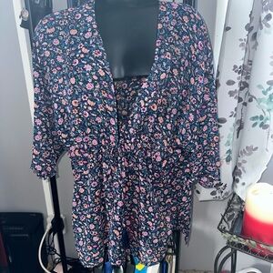 Floral V-Neck Blouse - Navy and Pink